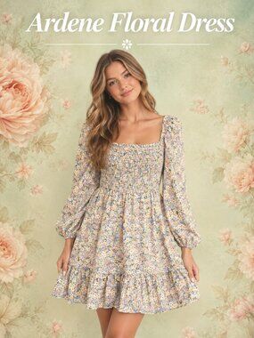 Ardene Floral Mini Dress – Pastel Blue Yellow Pink Puff Sleeve Smocked Dress